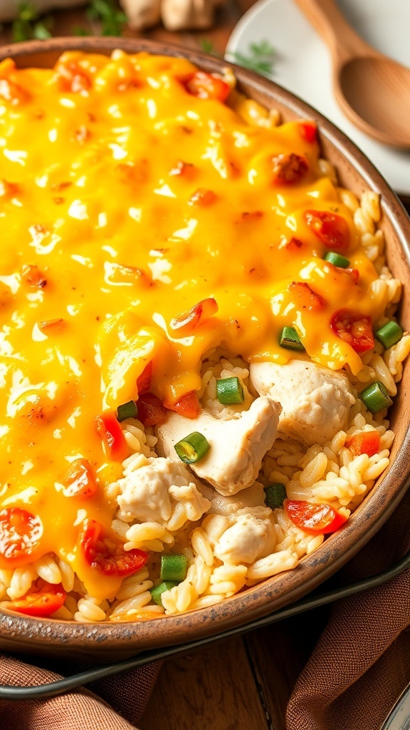 A delicious chicken and rice casserole topped with melted cheese, served in a rustic dish.